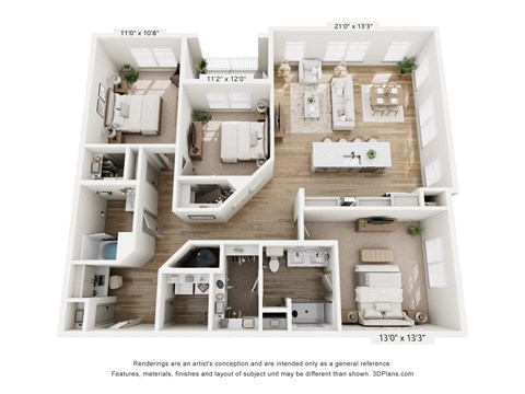 Floor plan for 3 beds, 2 baths, 1556 sqft